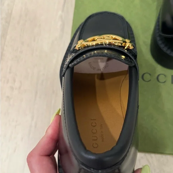 GUCCI Authentic Spice Lux Nappa Black Patent Gold Interlocking G Loafers US 4 34
